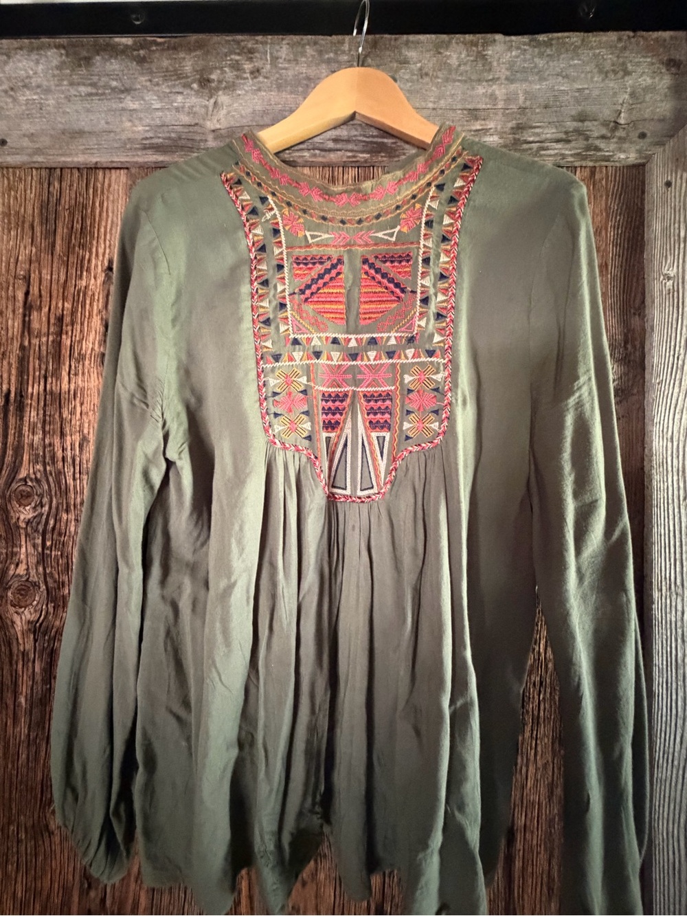 entro Olive Embroidered Peasant Blouse with Multicolor Bib